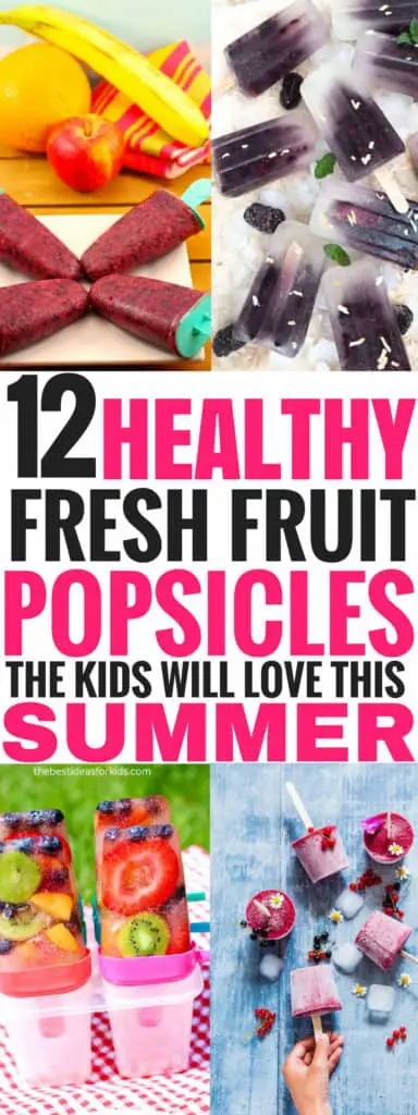These healthy fresh fruit popsicles for kids are THE BEST! I'm so glad I found this list of pops that are easy to make. Now my kids can have fun this summer with these yummy cold snacks and desserts on hot summer days! Definitely pinning this for later! #snacks #kidsactivities #outdoor #childhood #children #food #recipes #healthyrecipes #fruit #freshfood